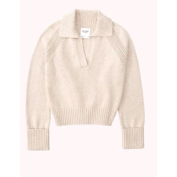Abercrombie & Fitch Sz S Heathered Oatmeal Collared Notch Neck Knit Sweater - Picture 3 of 9